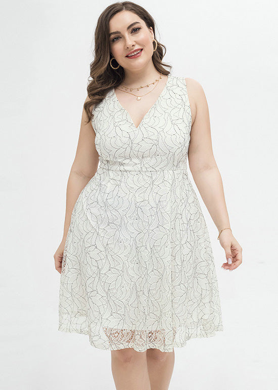White V Neck Print Lace Mid Dress Summer
