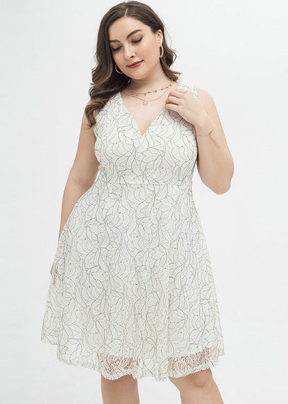 White V Neck Print Lace Mid Dress Summer