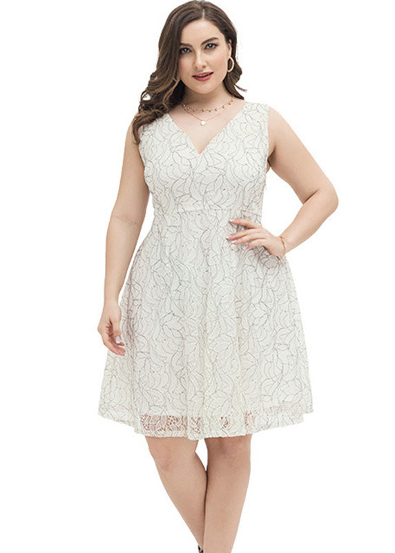 White V Neck Print Lace Mid Dress Summer