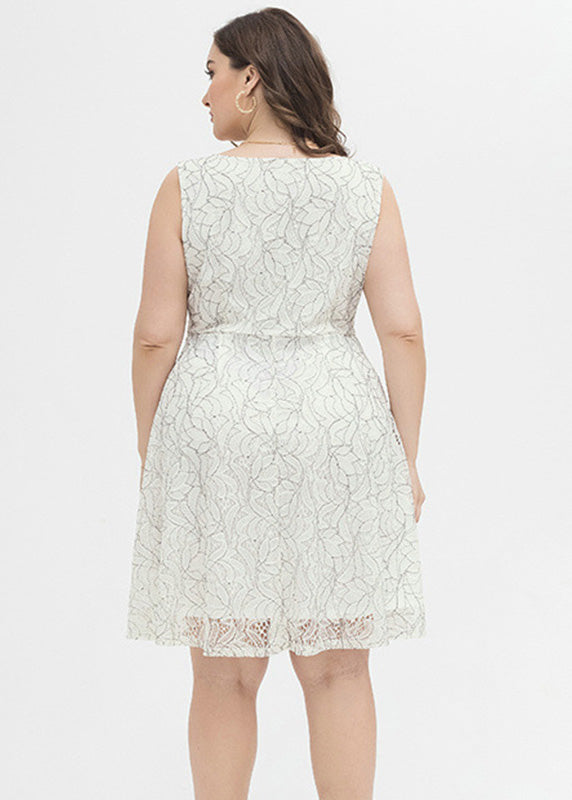 White V Neck Print Lace Mid Dress Summer