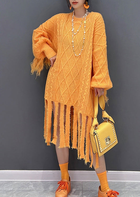 Yellow O-neck Tassel Knit Long Dresses Fall