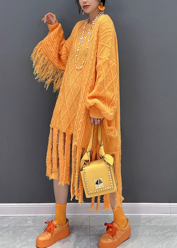 Yellow O-neck Tassel Knit Long Dresses Fall