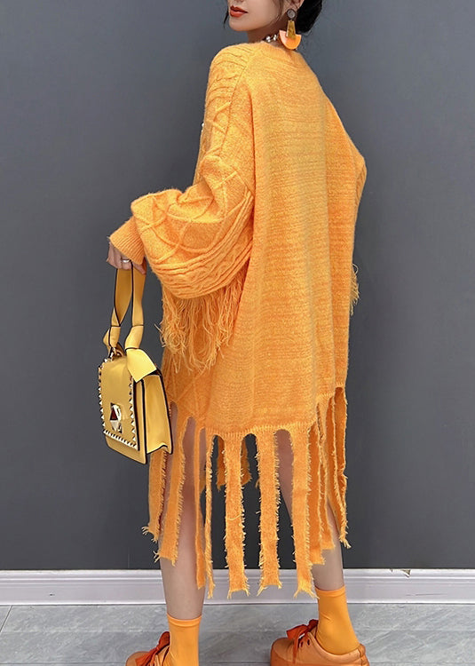 Yellow O-neck Tassel Knit Long Dresses Fall