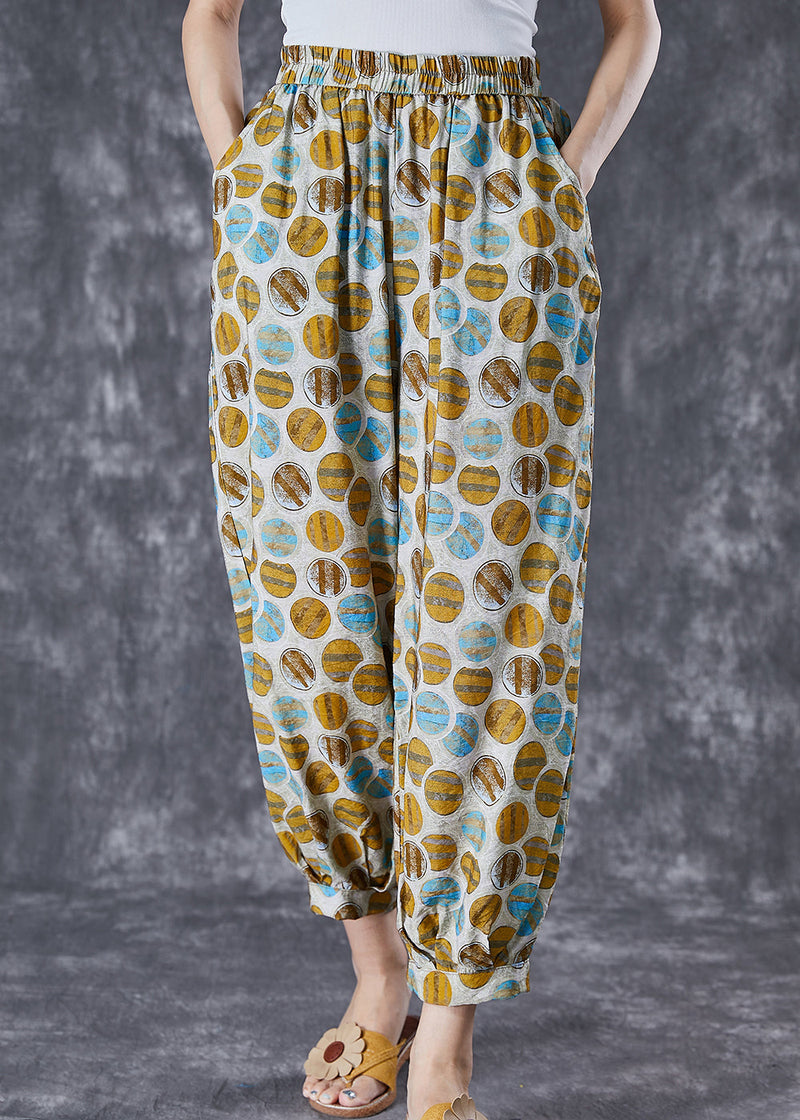 Yellow Oversized Print Pockets Linen Silk Pants Summer