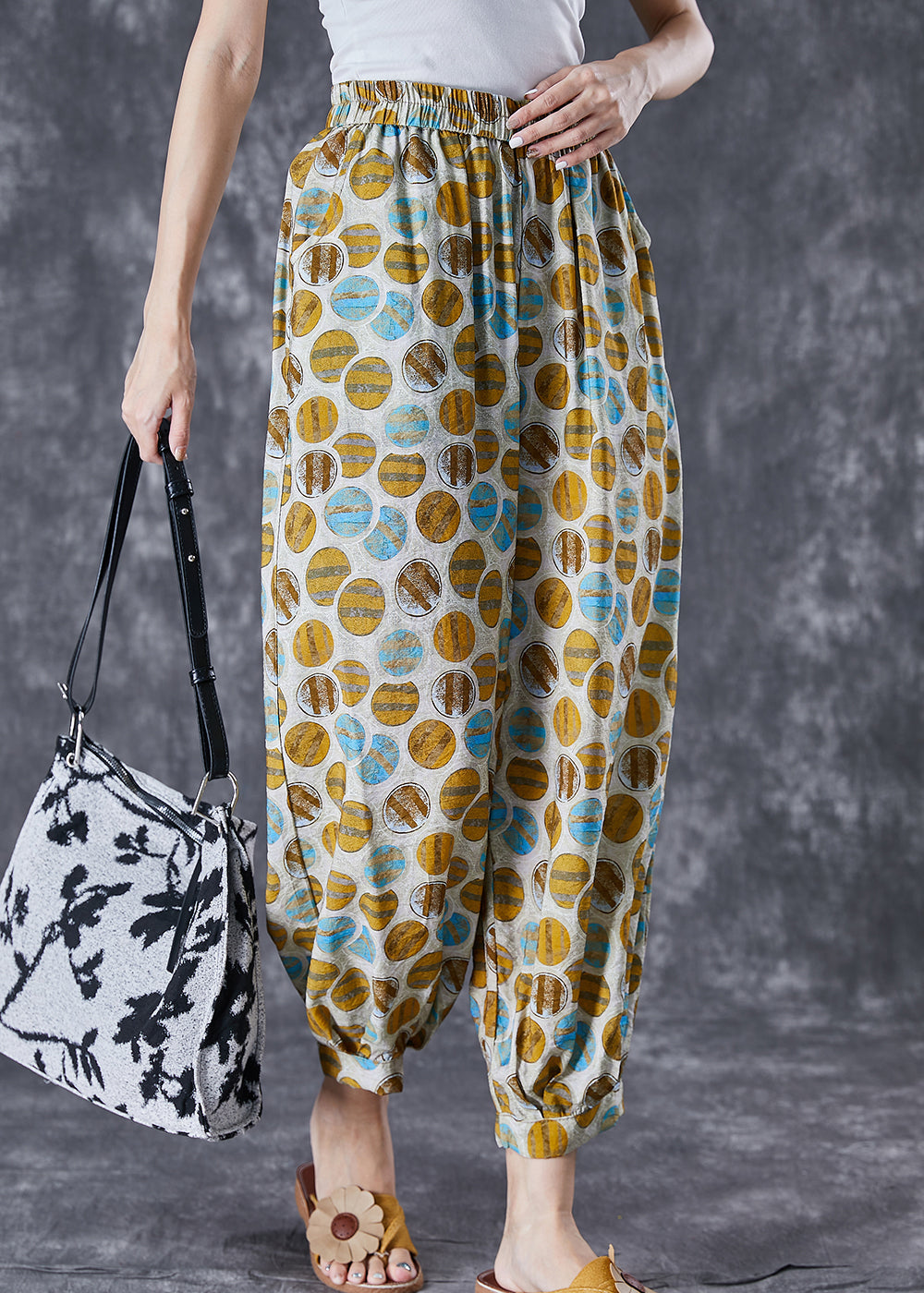 Yellow Oversized Print Pockets Linen Silk Pants Summer