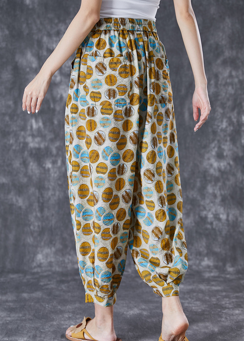 Yellow Oversized Print Pockets Linen Silk Pants Summer