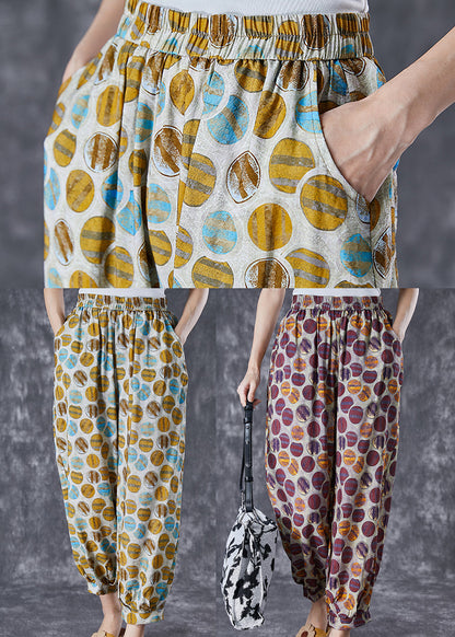 Yellow Oversized Print Pockets Linen Silk Pants Summer