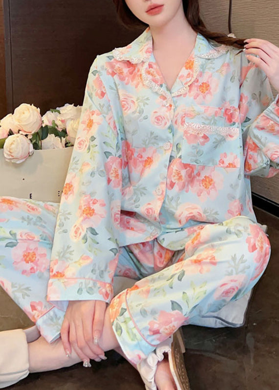 Yellow Print Button Ice Silk Two Pieces Set Long Sleeve