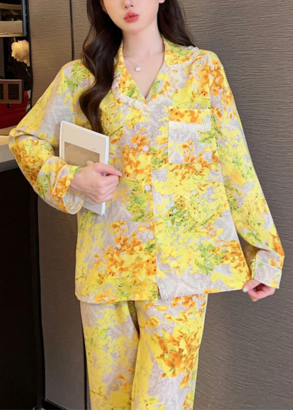 Yellow Print Button Ice Silk Two Pieces Set Long Sleeve