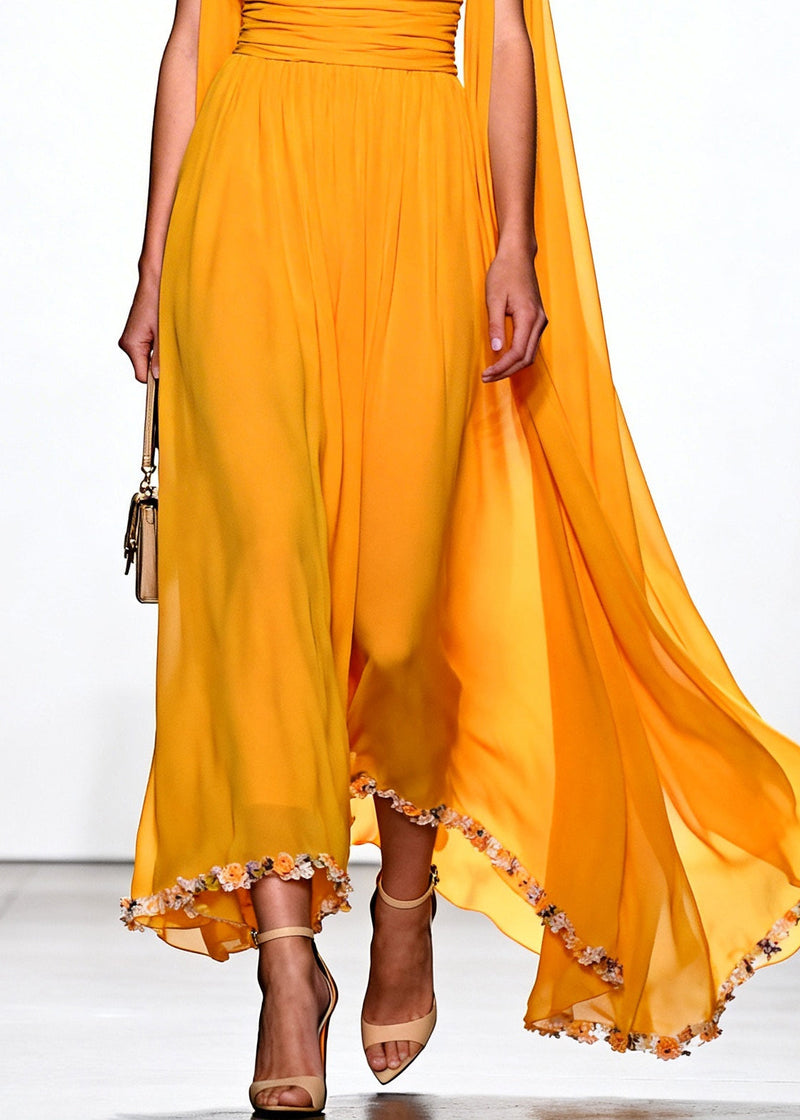 Yellow Turtle Neck Flower Lace Draping Chiffon Dress Summer