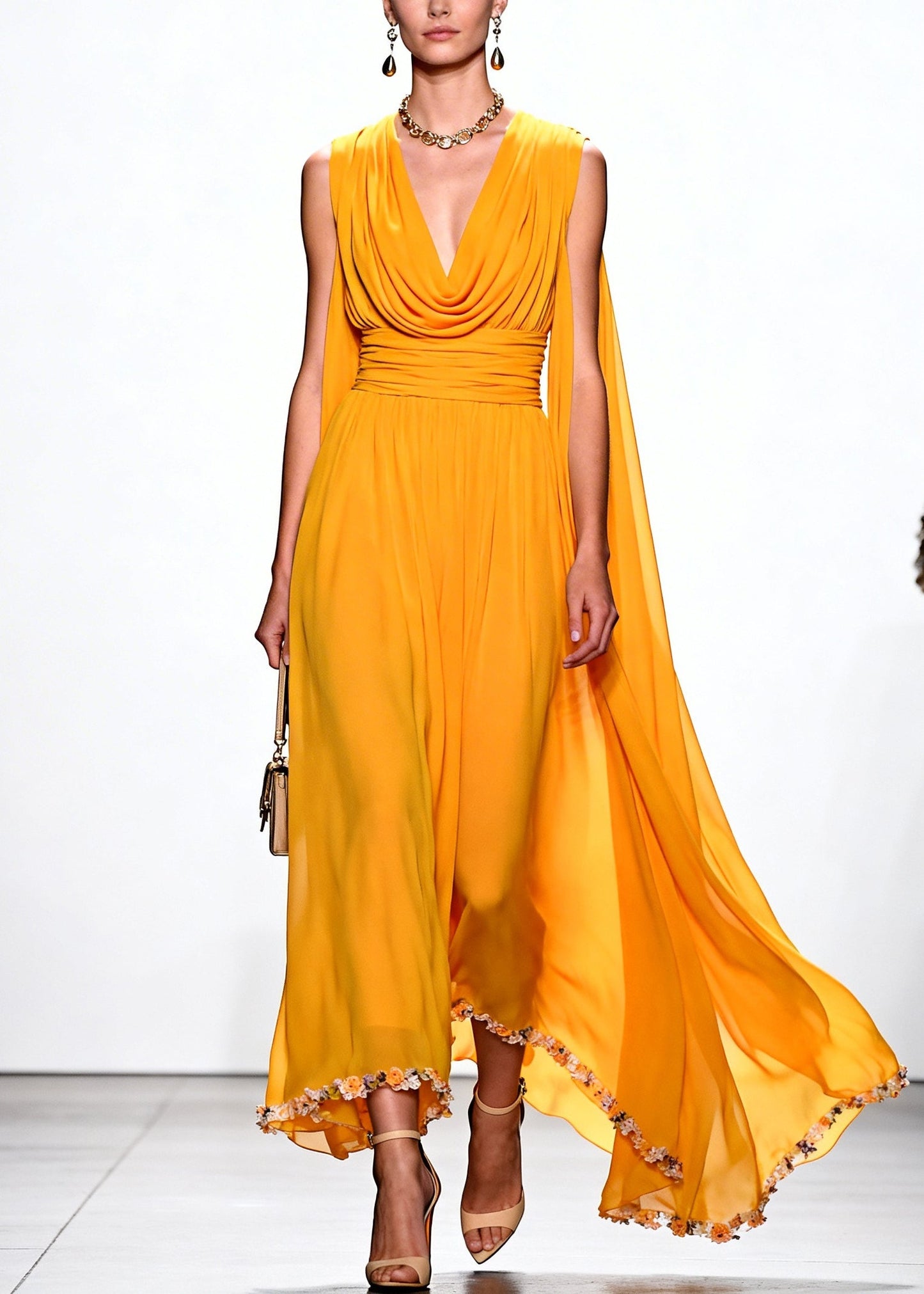 Yellow Turtle Neck Flower Lace Draping Chiffon Dress Summer