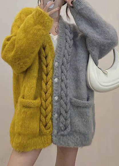Yellow V Neck Patchwork Button Cozy Cotton Knit Cardigans Winter