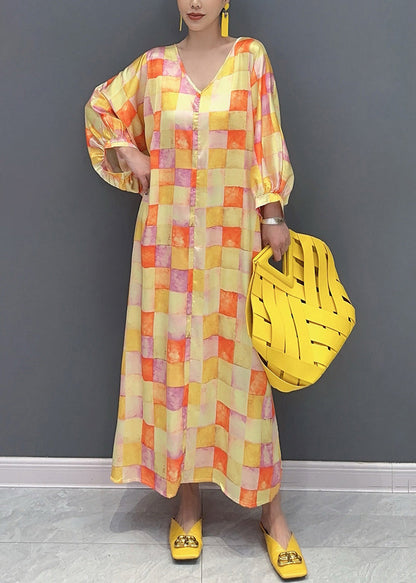Yellow V Neck Plaid Silk Long Dress Lantern Sleeve