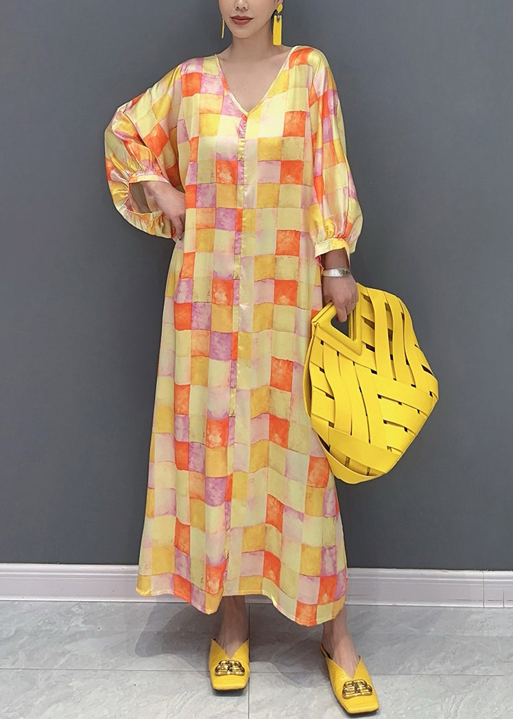 Yellow V Neck Plaid Silk Long Dress Lantern Sleeve