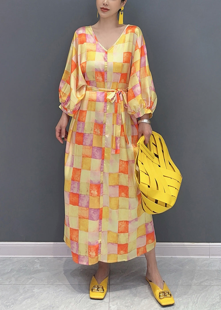 Yellow V Neck Plaid Silk Long Dress Lantern Sleeve