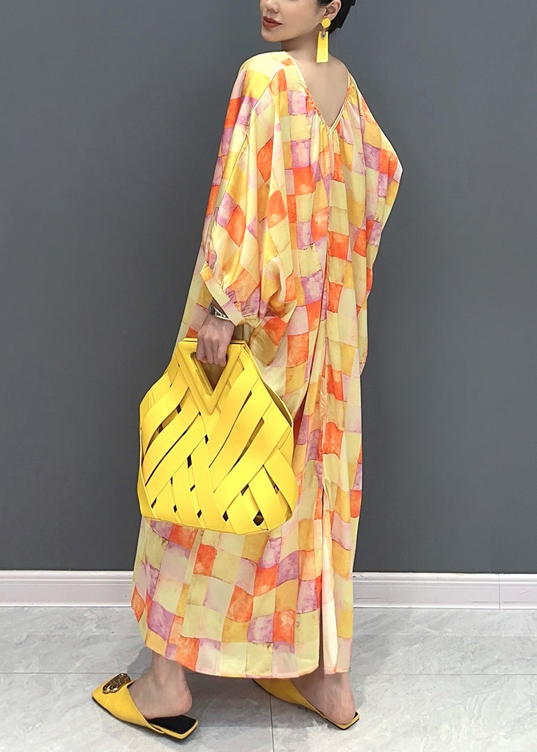 Yellow V Neck Plaid Silk Long Dress Lantern Sleeve
