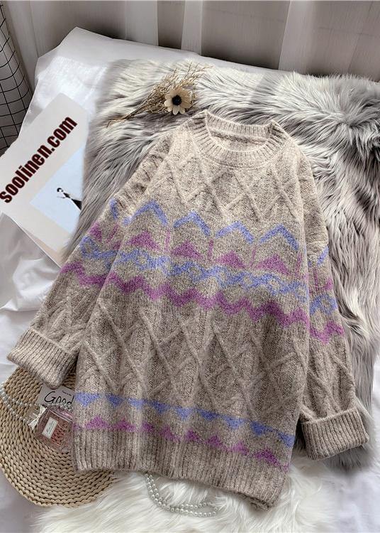 Khaki Striped Sweater Wardrobes Design O Neck Baggy Knitted Dress
