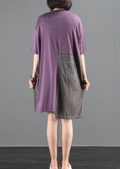 Purple Patchwork Denim Dress Pattern O Neck Baggy Summer Dress