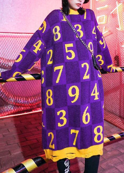 Purple Print Sweater Wardrobes Design O Neck Hole Funny Sweater Dress
