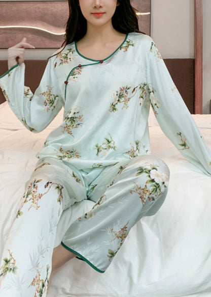 Chinese Style Beige O-neck Print Patchwork Ice Silk Two Pieces Set Long Sleeve