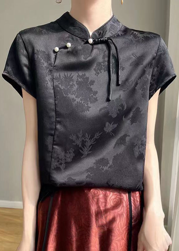 Chinese Style Black Button Silk Top Short Sleeve