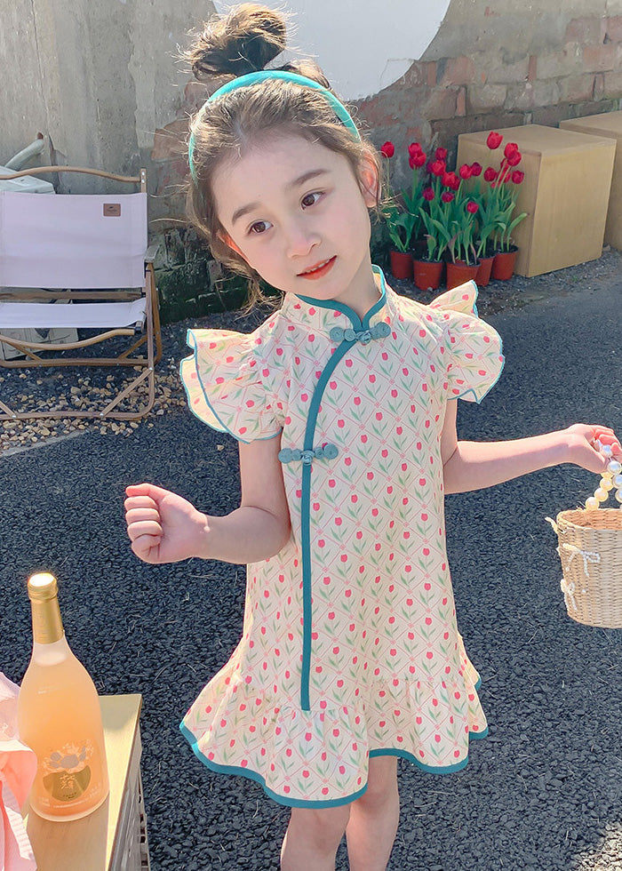 Chinese Style Blue Ruffled Print Button Mid Dress Summer