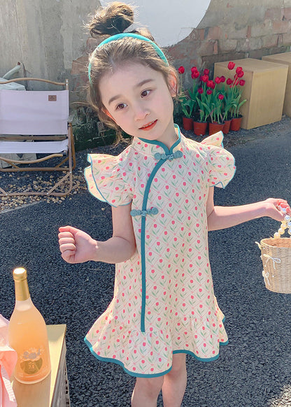 Chinese Style Blue Ruffled Print Button Mid Dress Summer