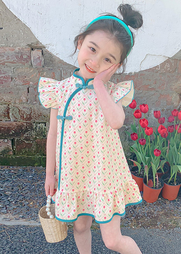 Chinese Style Blue Ruffled Print Button Mid Dress Summer