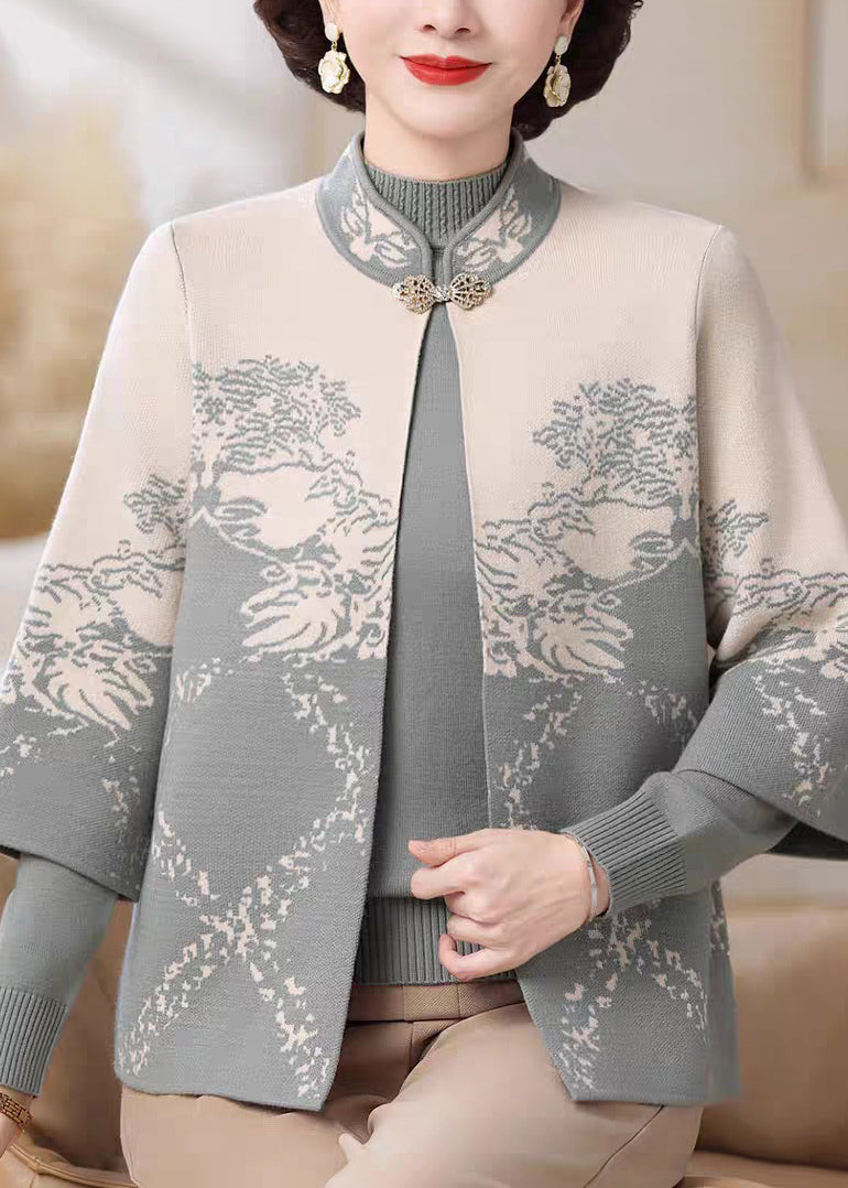 Chinese Style Blue Stand Collar Cotton Knit Cardigans and Sweater Two Pieces Set Spring