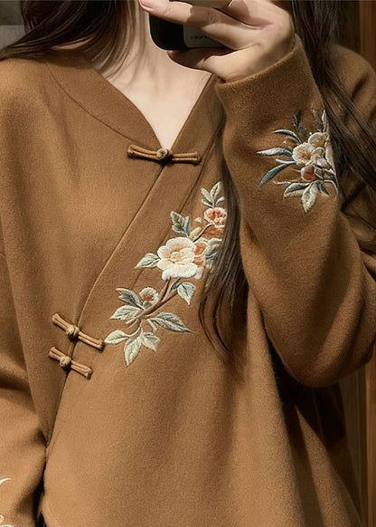 Chinese Style Brown V Neck Knit Sweater Spring