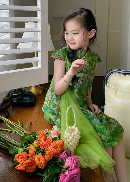 Chinese Style Green Mandarin Collar Patchwork Tulle Chiffon Kids Mid Dress Summer