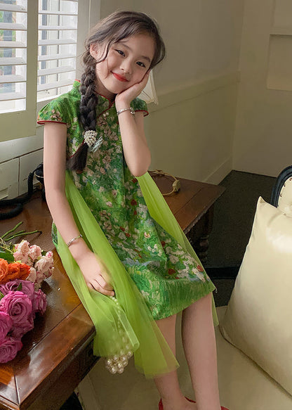 Chinese Style Green Mandarin Collar Patchwork Tulle Chiffon Kids Mid Dress Summer