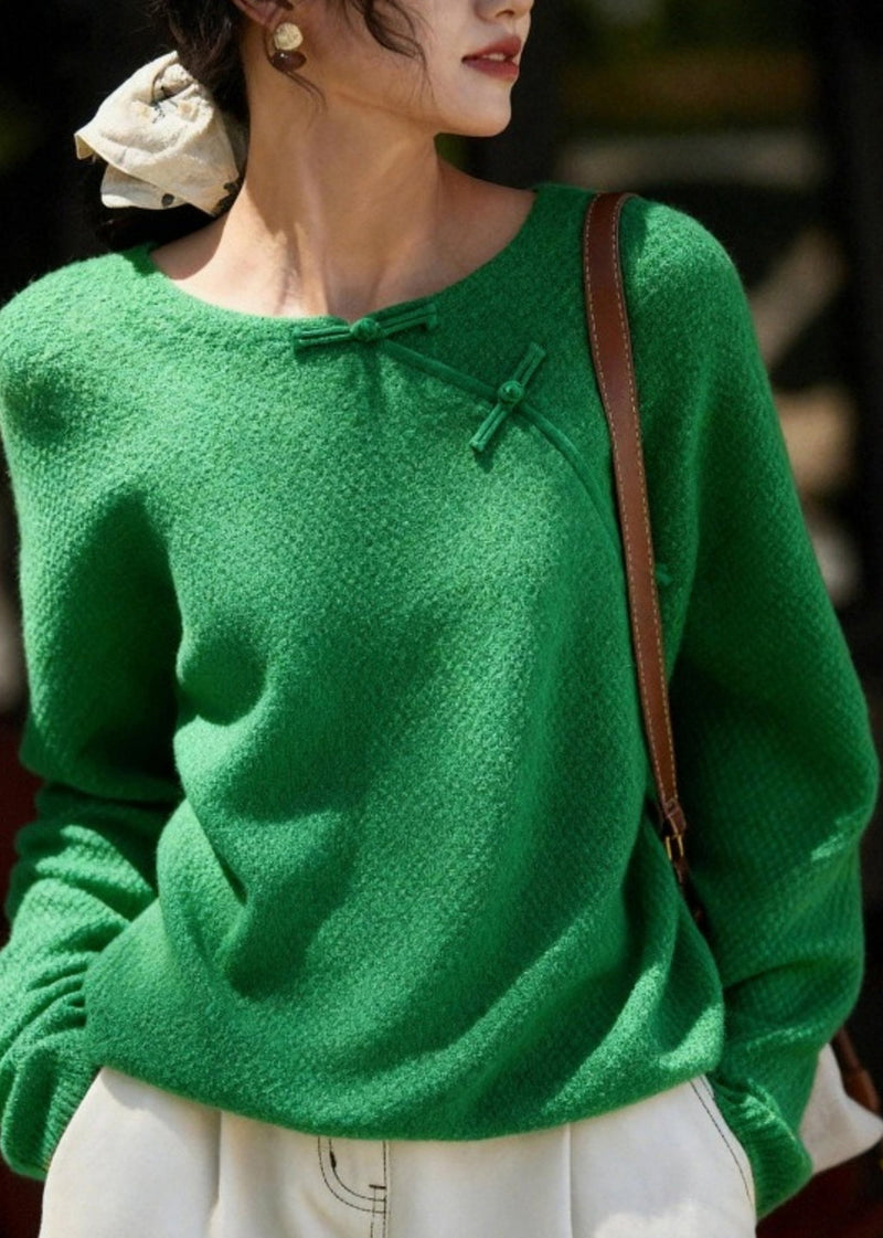 Chinese Style Green O-neck Patchwork Cozy Cotton Knit Sweater Spring