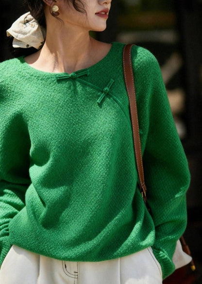 Chinese Style Green O-neck Patchwork Cozy Cotton Knit Sweater Spring
