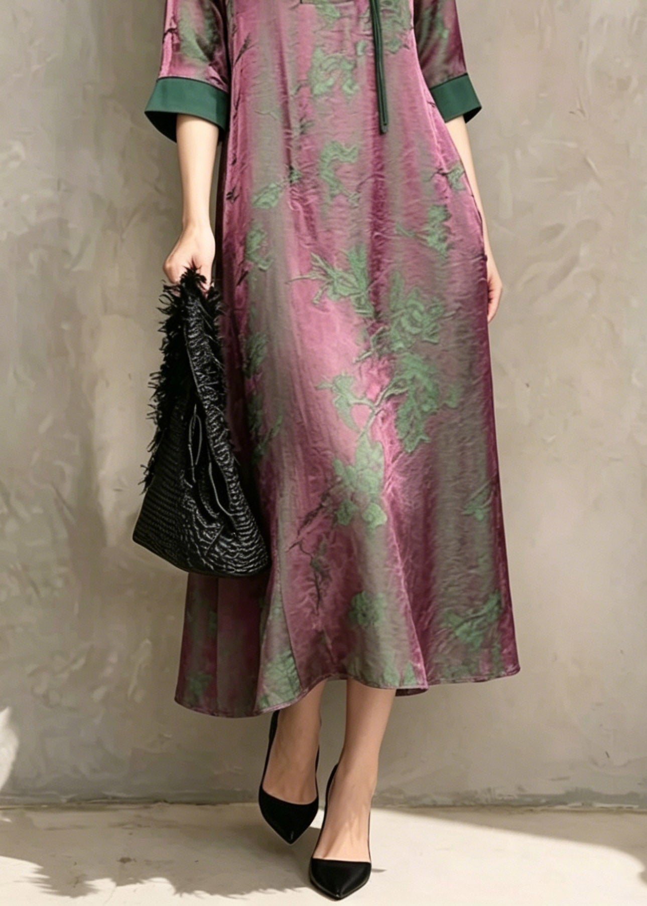 Chinese Style Green O-neck Print Asymmetrical Long Dress Short Sleeve