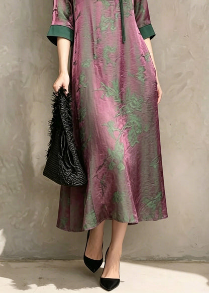 Chinese Style Green O-neck Print Asymmetrical Long Dress Short Sleeve