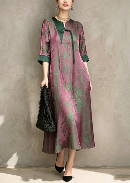 Chinese Style Green O-neck Print Asymmetrical Long Dress Short Sleeve