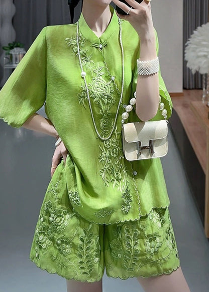 Chinese Style Green Stand Collar Embroidered Shirts and Shorts Two Piece Set Short Sleeve