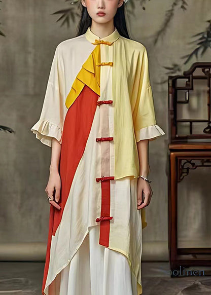 Chinese Style Light Yellow Asymmetrical Patchwork Linen Shirt Dress Summer