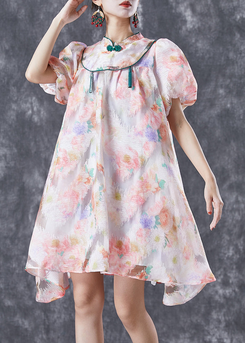 Chinese Style Pink Mandarin Collar Print Silk a Line Dress Puff Sleeve