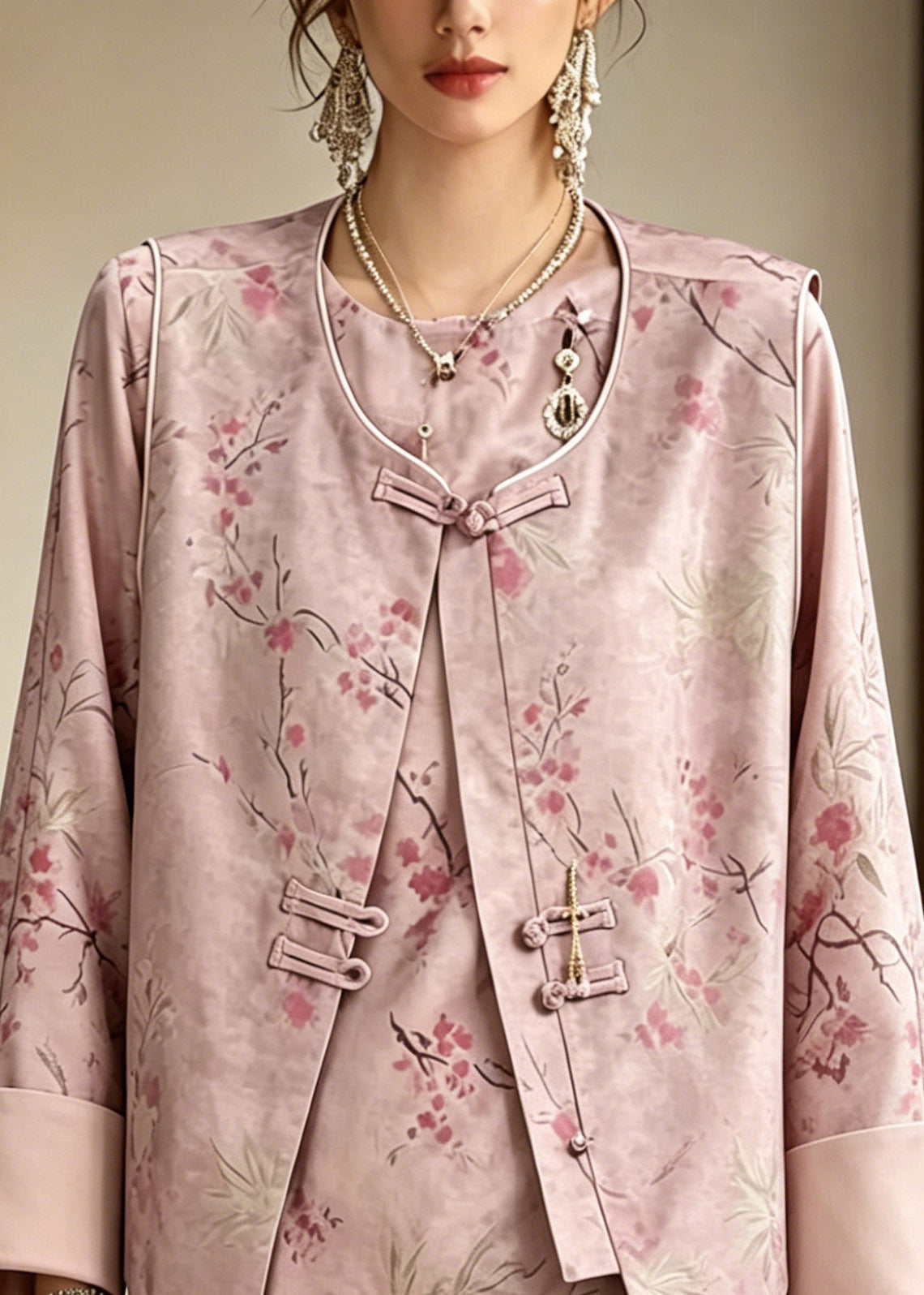 Chinese Style Pink Print Waistcoat and Shirt Two Pieces Set Long Sleeve