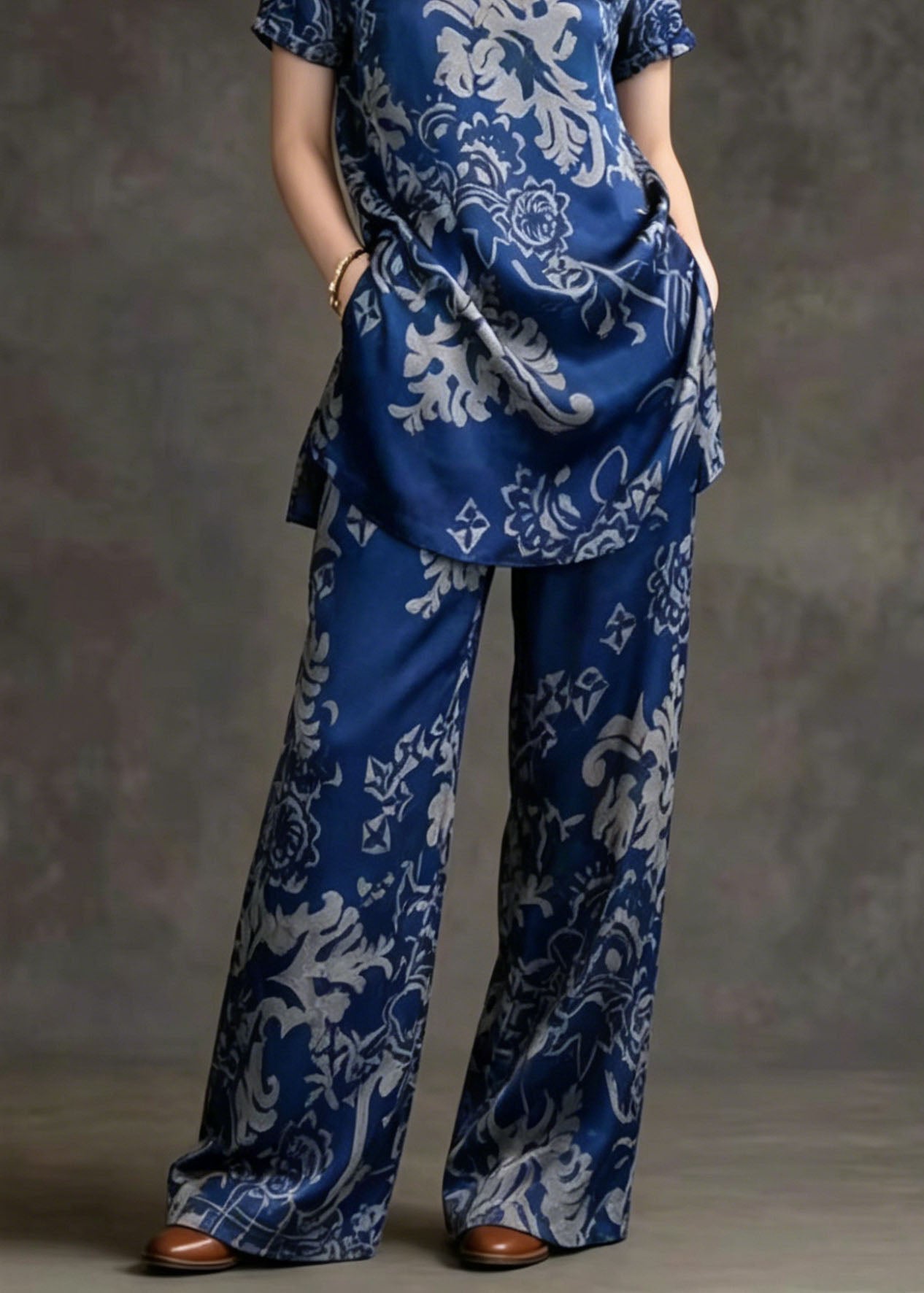 Chinese Style Stand Collar Print Silk Two Pieces Set Summer