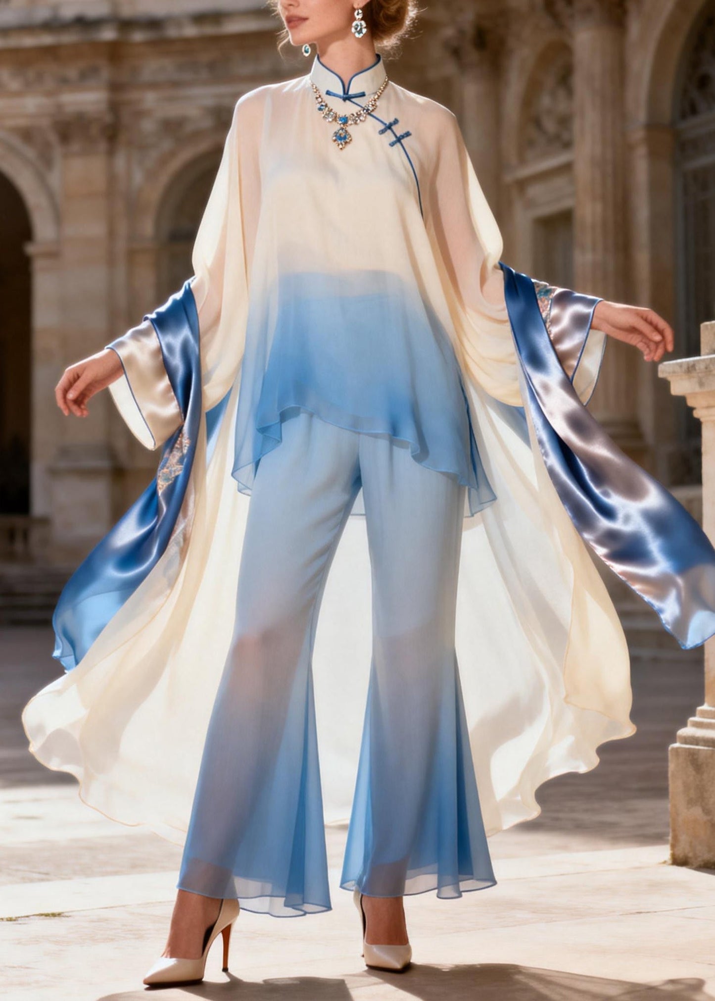 Chinese Style Stand Collar Silk Shirts and Flared Trousers Two Pieces Set Spring