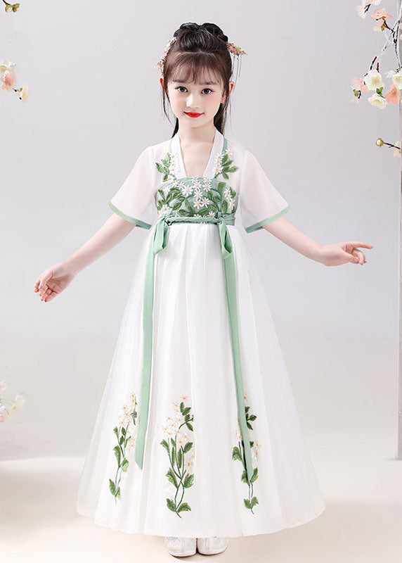 Chinese Style White Embroideried Tie Waist Patchwork Chiffon Kids Dresses Summer