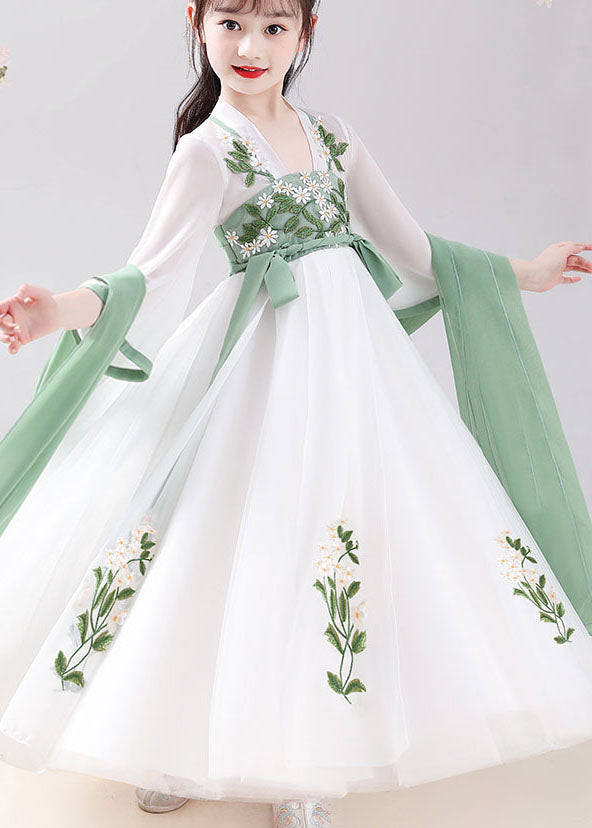 Chinese Style White Embroideried Tie Waist Patchwork Chiffon Kids Dresses Summer