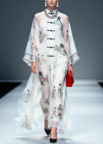 Chinese Style White Print Draping Chiffon Long Dress Summer