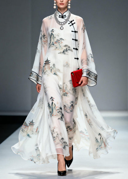 Chinese Style White Print Exra Large Hem Chiffon Dresses Summer