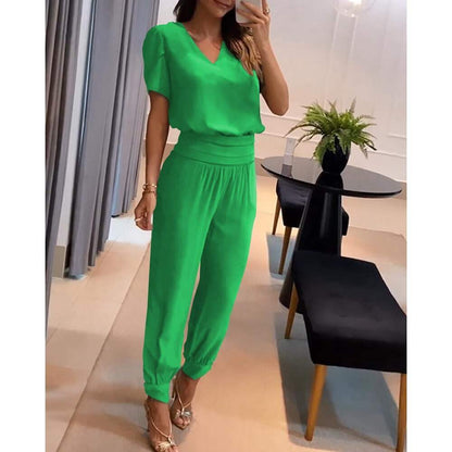 CD | Chic - Bluză cu decolteu în V și pantaloni cu elastic - ideală pentru fiecare zi