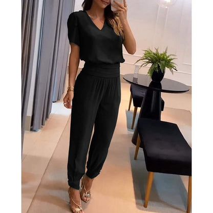 CD | Chic - Bluză cu decolteu în V și pantaloni cu elastic - ideală pentru fiecare zi
