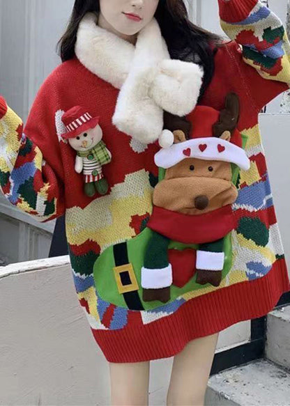 Christmas Themed Elk Sweater Red With Loose and Lazy Style